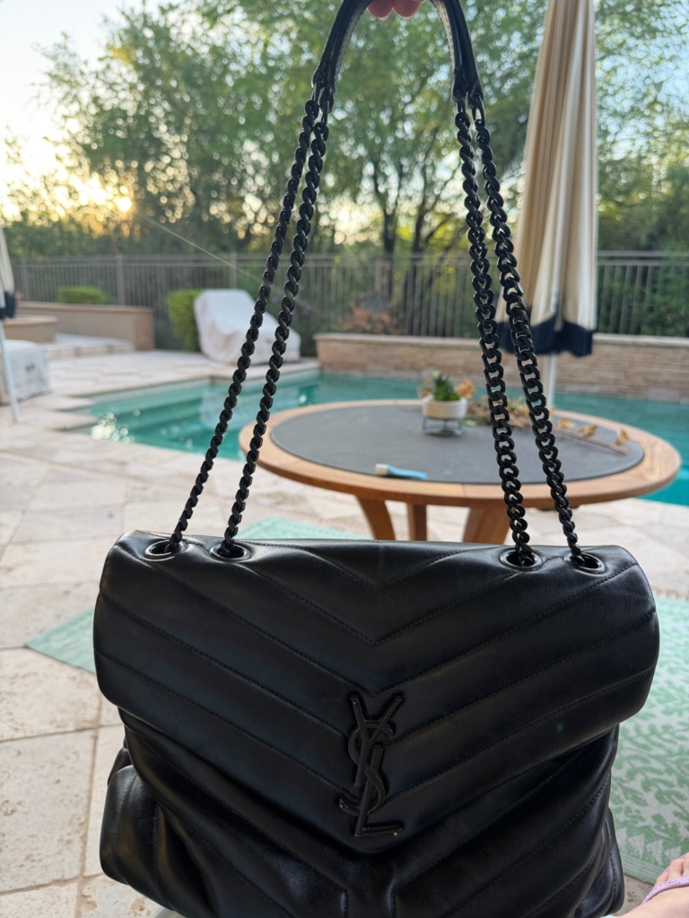 Saint Laurent Black Quilted Chevron Leather Shoulder Bag with Chain